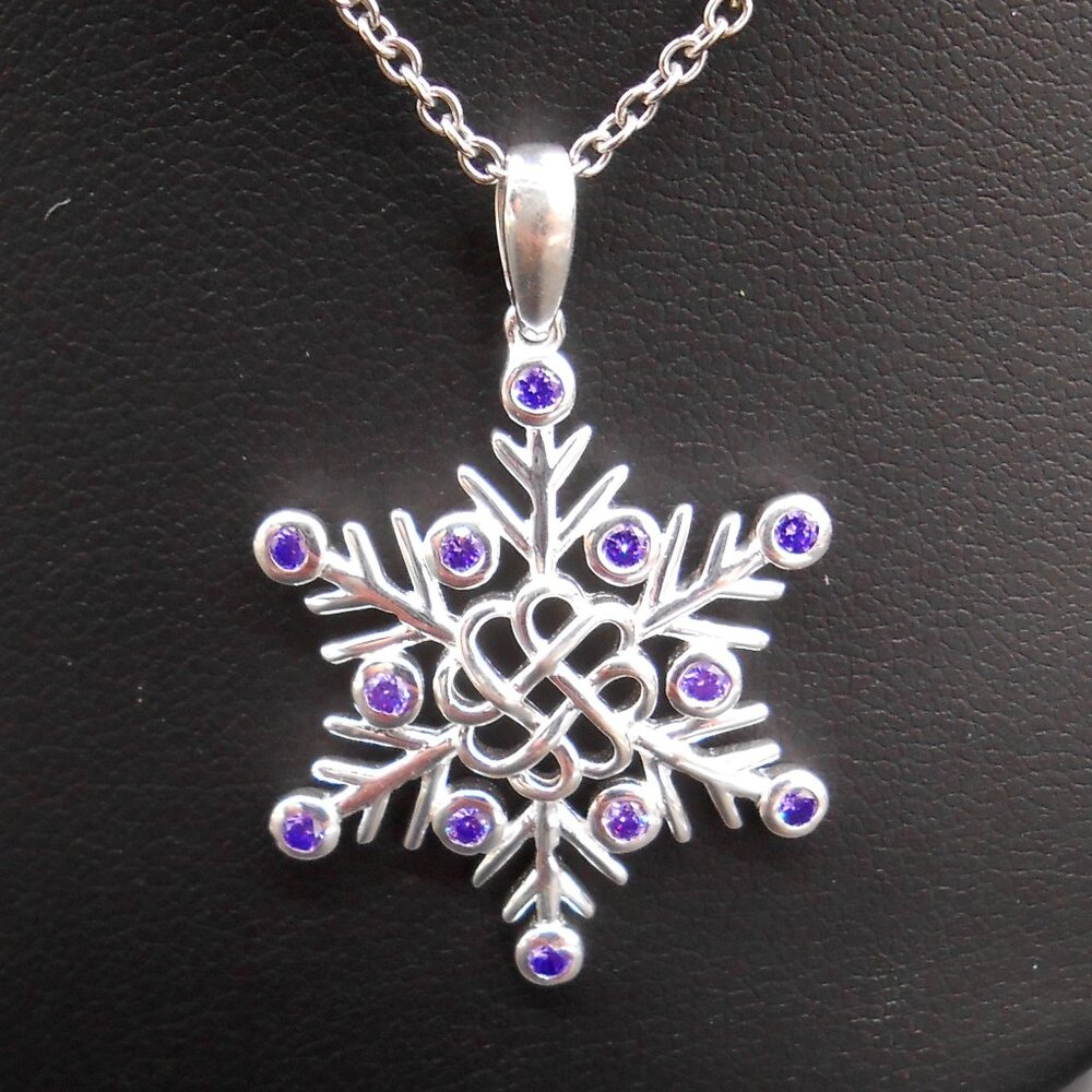 Necklace Simulated Blue Diamond Snowflake in Sterling w/ Stainless Steel chain